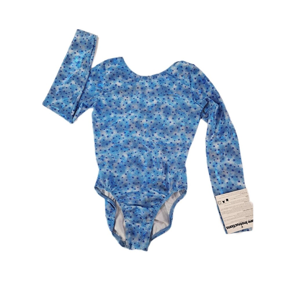 GK Elite VTG Blue Metallic Pixelated LS Blue Stars Leotard Size AS Adult S